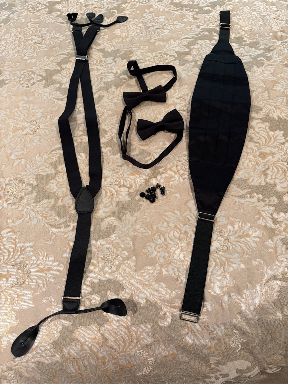 Black Men's Formal Accessory Set - Cummerbund, Suspenders, Bow Ties, Studs